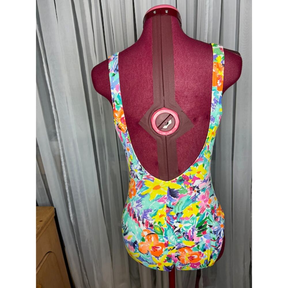 one piece swimsuit floral high cut green yellow orange bright - Picture 4 of 10